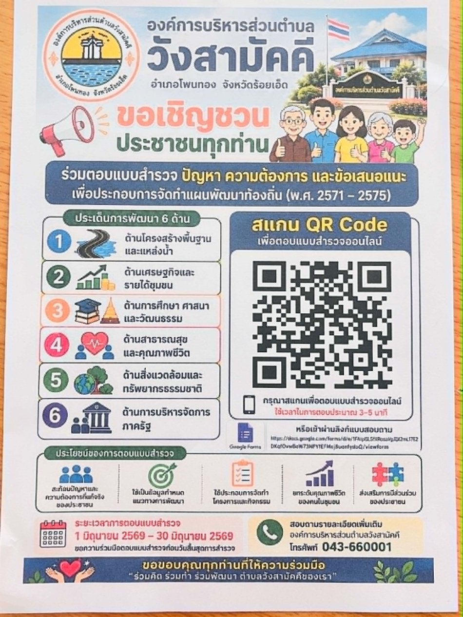 ขออนุญาตประชาสัมพันธ์ขอเชิญชวนประชาชนตำบลวังสามัคคี ร่วมตอบแบบสำรวจปัญหาความต้องการและข้อเสนอแนะเพื่อประกอบการจัดทำแผนพัฒนาท้องถิ่น 2571 -2575 ค่ะ