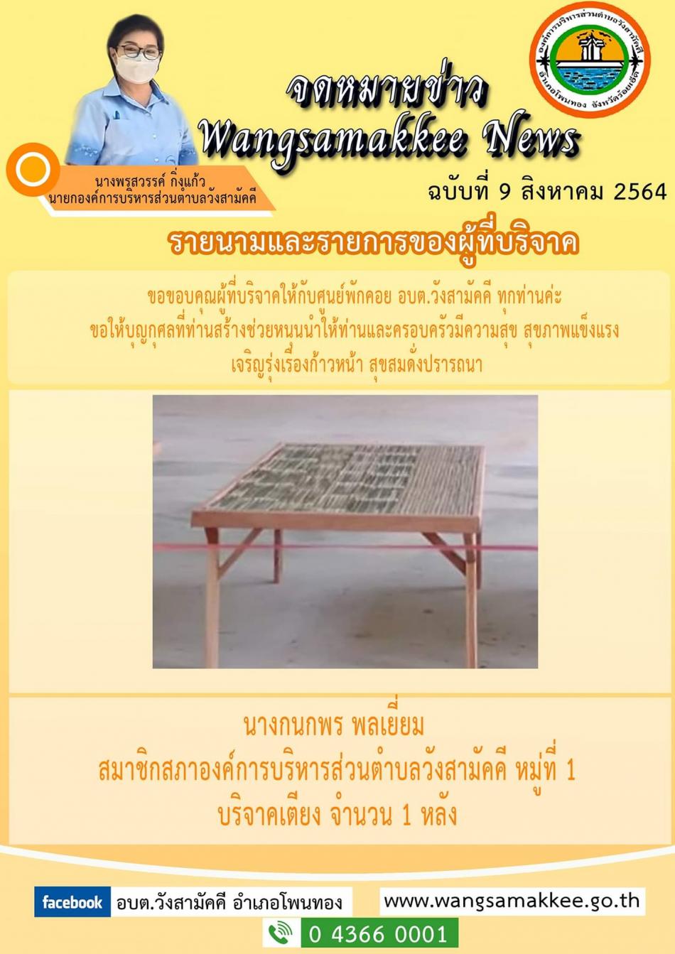 *รายนามและรายการบริจาค* แม่กนกพร พลเยี่ยม สมาชิกสภาองค์การบริหารส่วนตำบลวังสามัคคี หมู่ที่ 1 บริจาค เตียงจำนวน 1 หลัง 